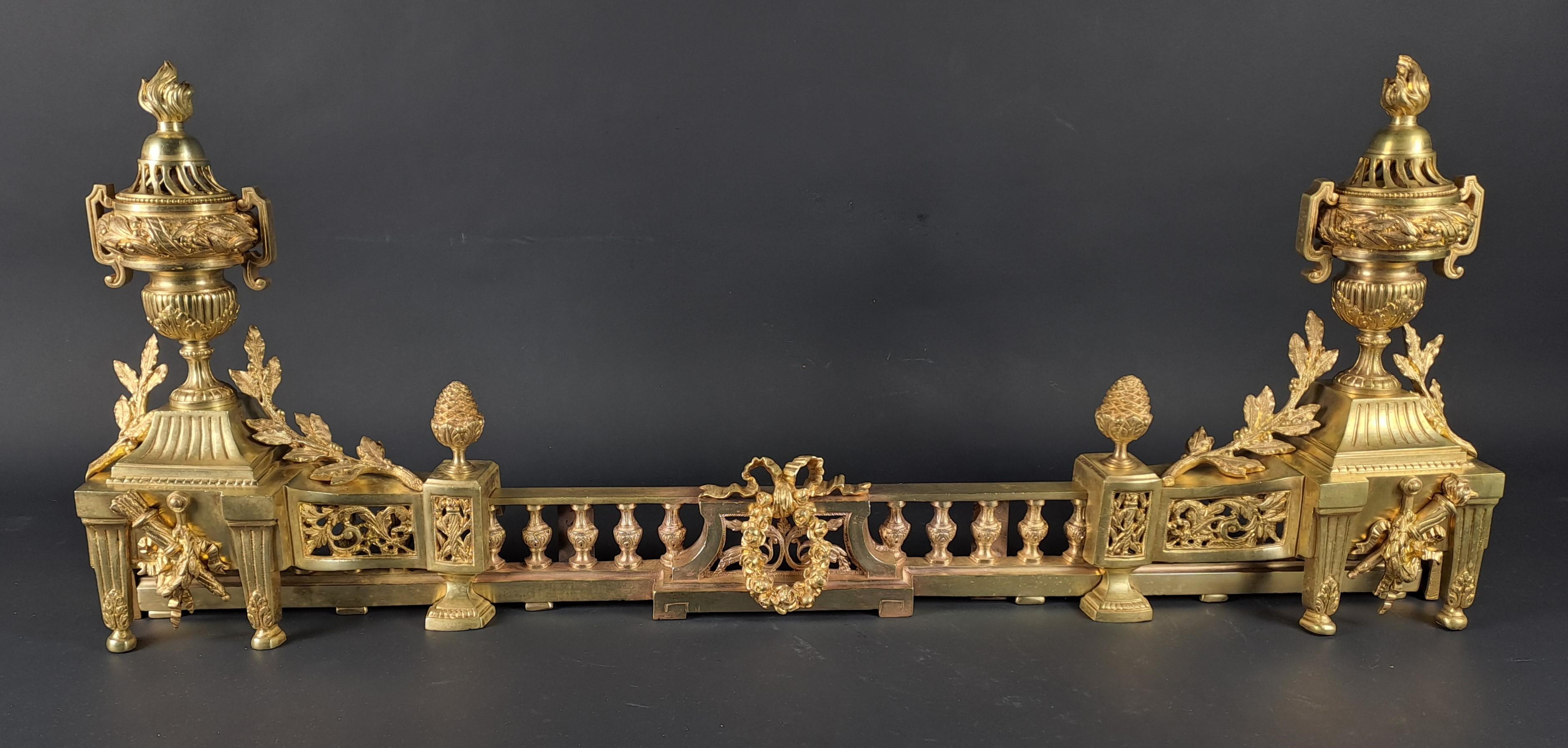 Louis XVI Style Firebar / Andirons In Gilded Bronze In Good Condition For Sale In BARSAC, FR