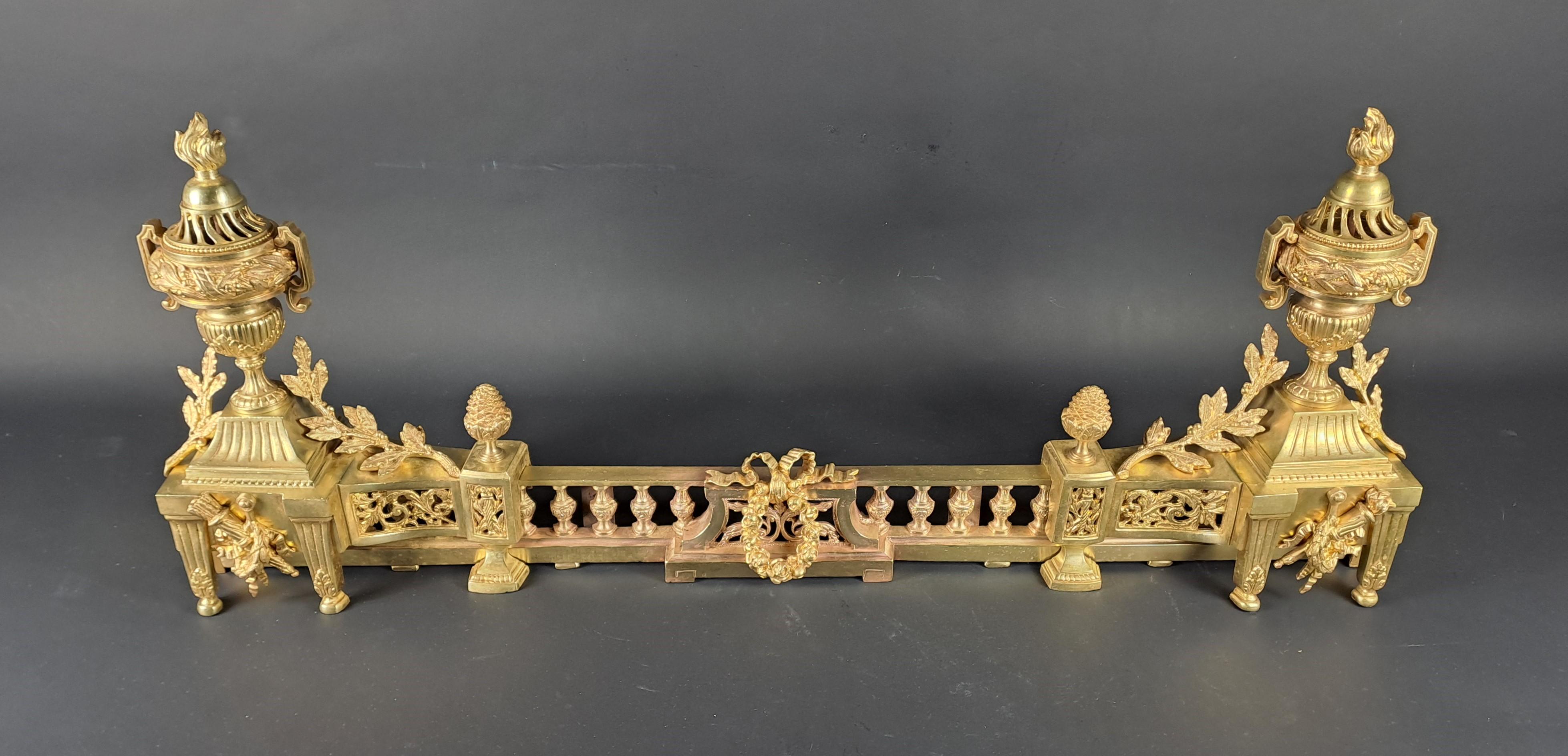 Mid-19th Century Louis XVI Style Firebar / Andirons In Gilded Bronze For Sale