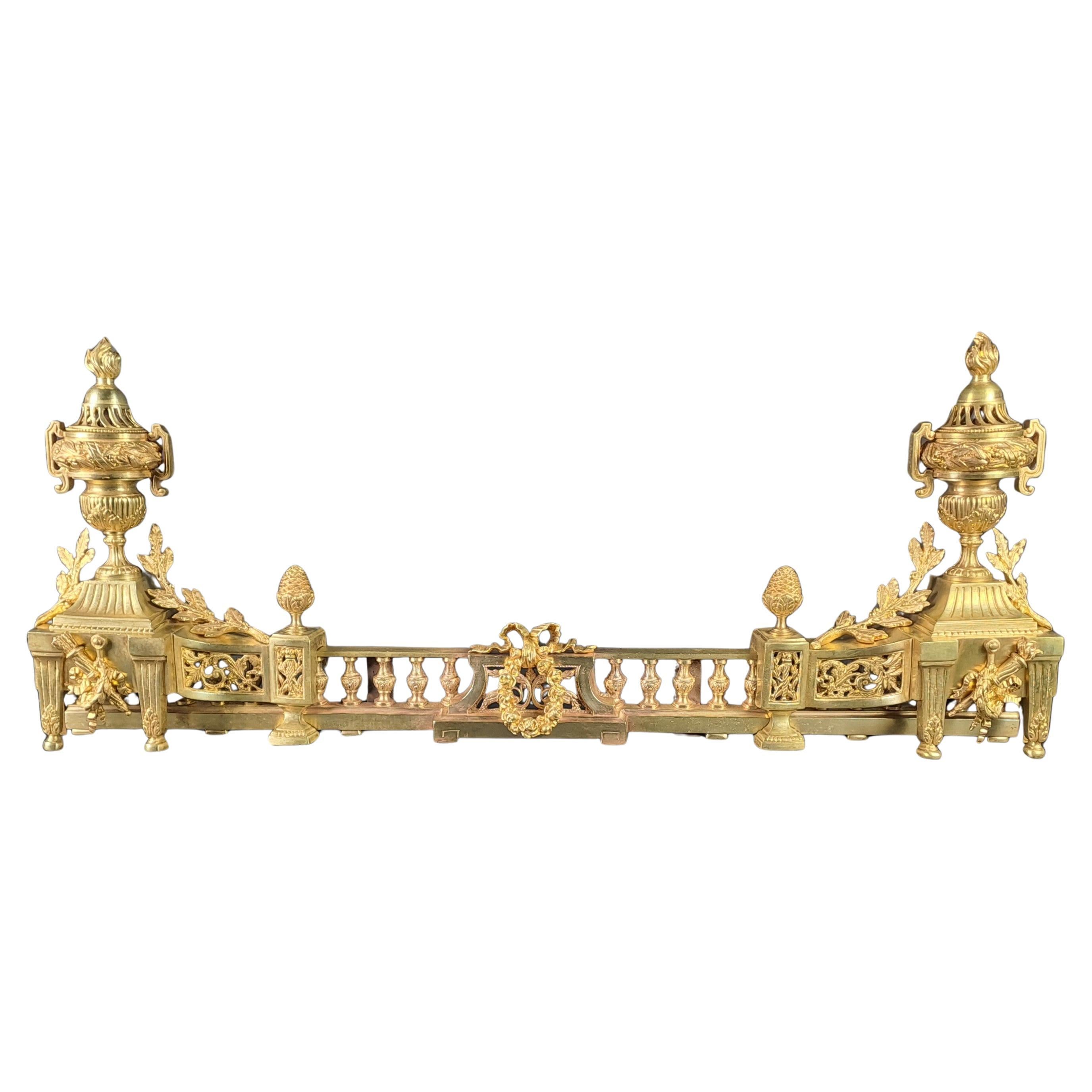 Louis XVI Style Firebar / Andirons In Gilded Bronze For Sale