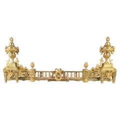 Antique Louis XVI Style Firebar / Andirons In Gilded Bronze
