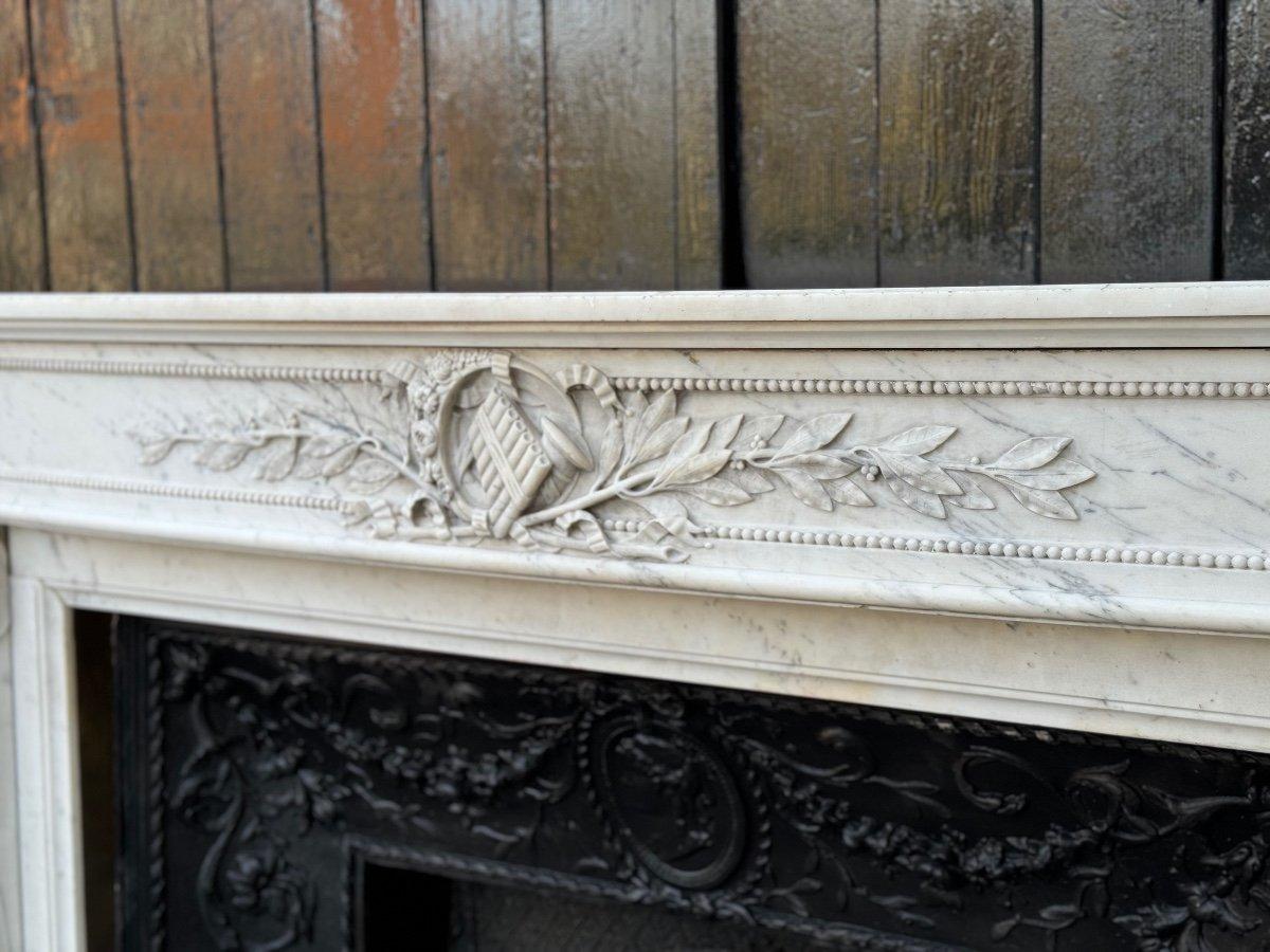 19th Century Louis XVI Style Fireplace In White Carrara Marble Circa 1880 For Sale
