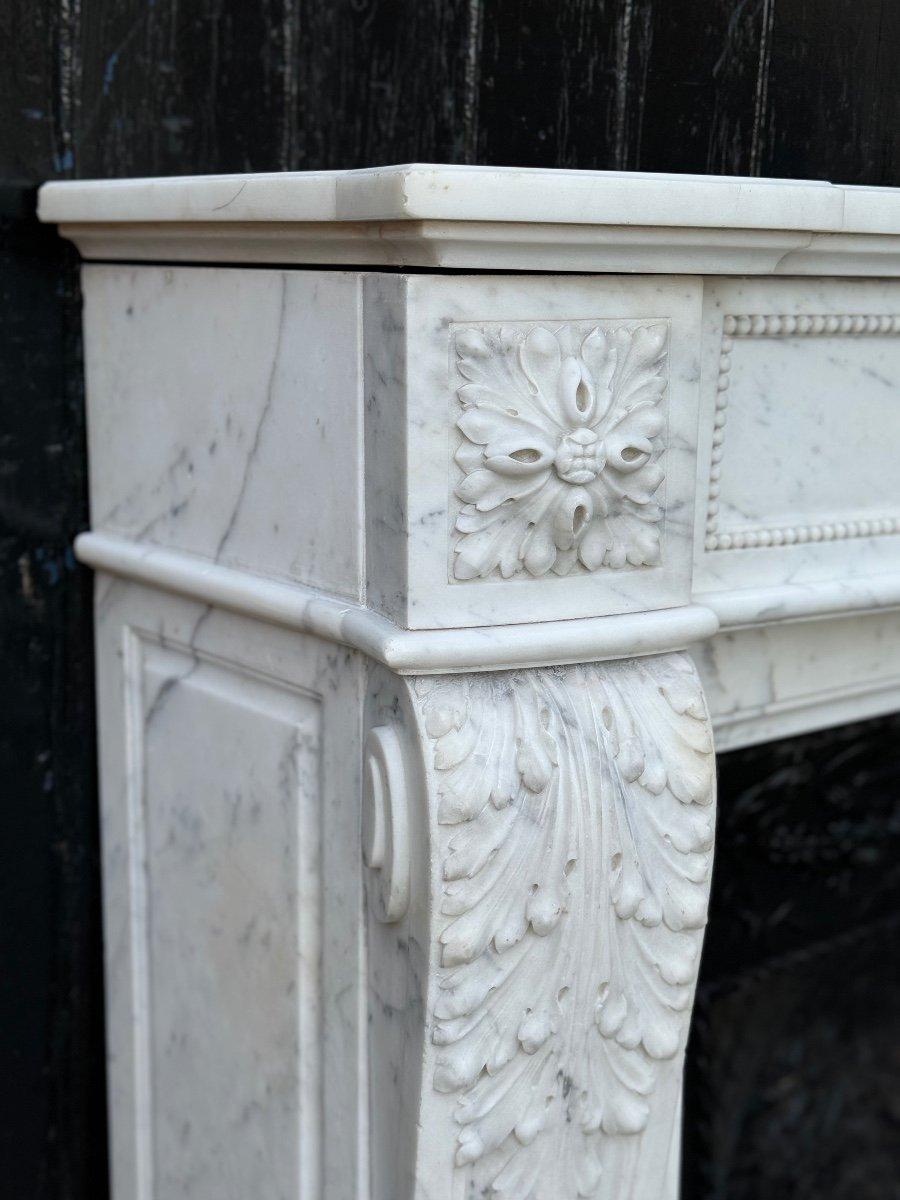 Iron Louis XVI Style Fireplace In White Carrara Marble Circa 1880 For Sale