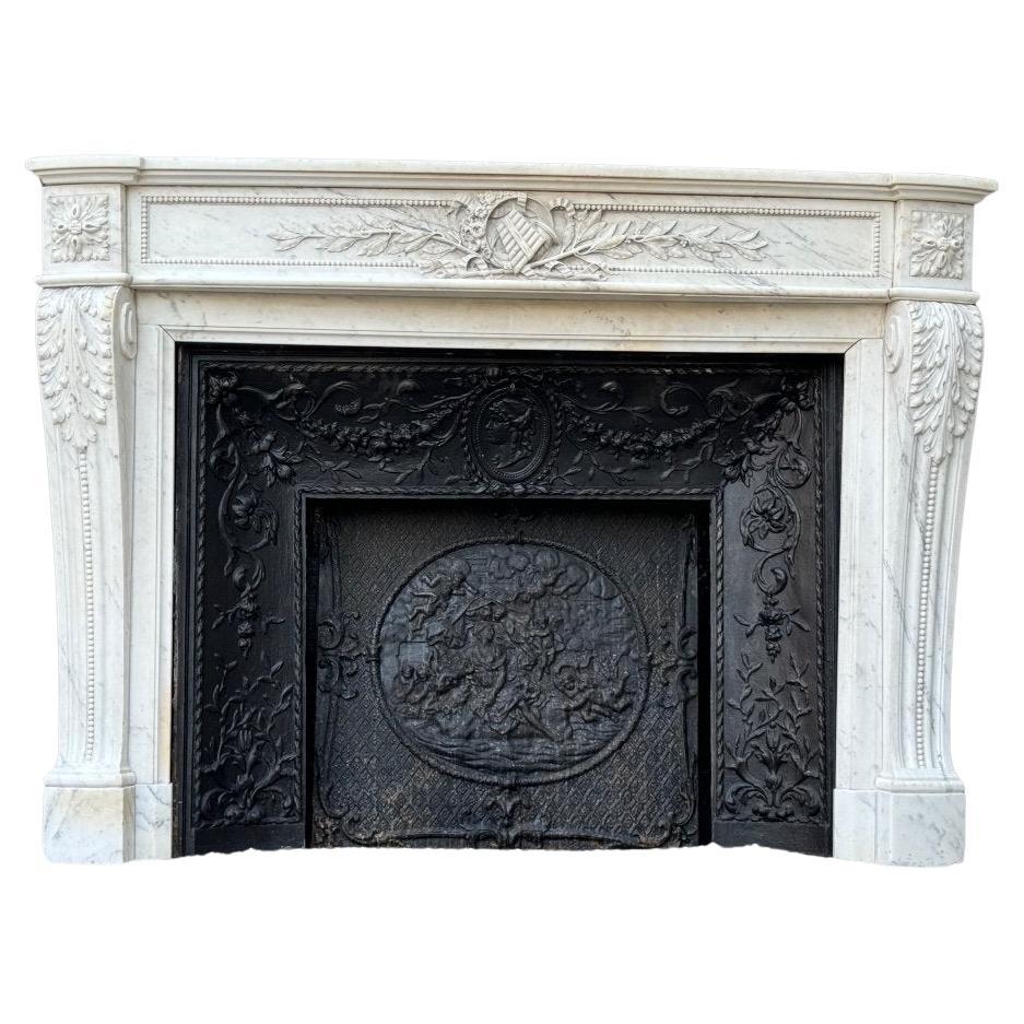 Louis XVI Style Fireplace In White Carrara Marble Circa 1880 For Sale