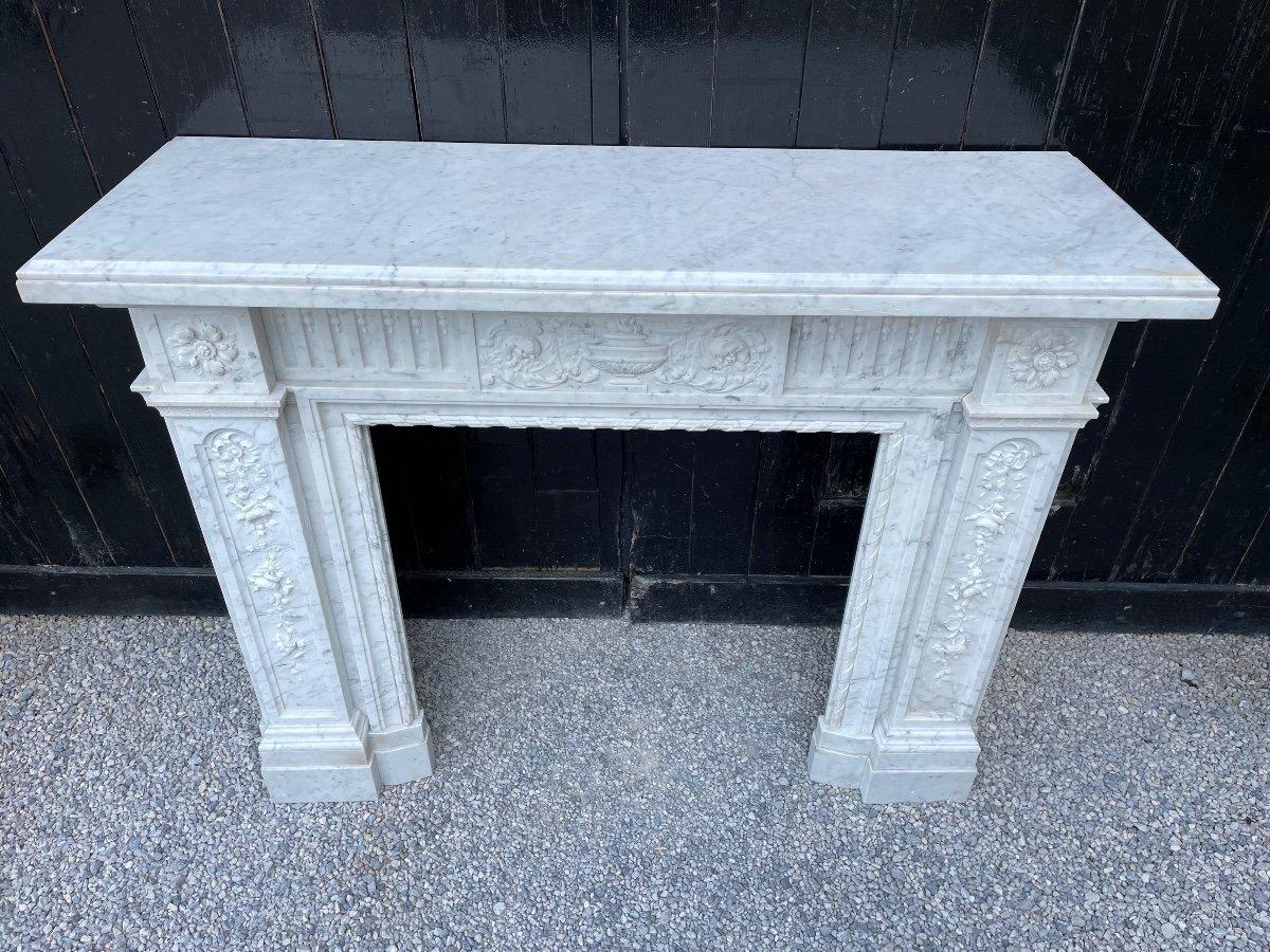 French Louis XVI Style Fireplace in White Carrara Marble