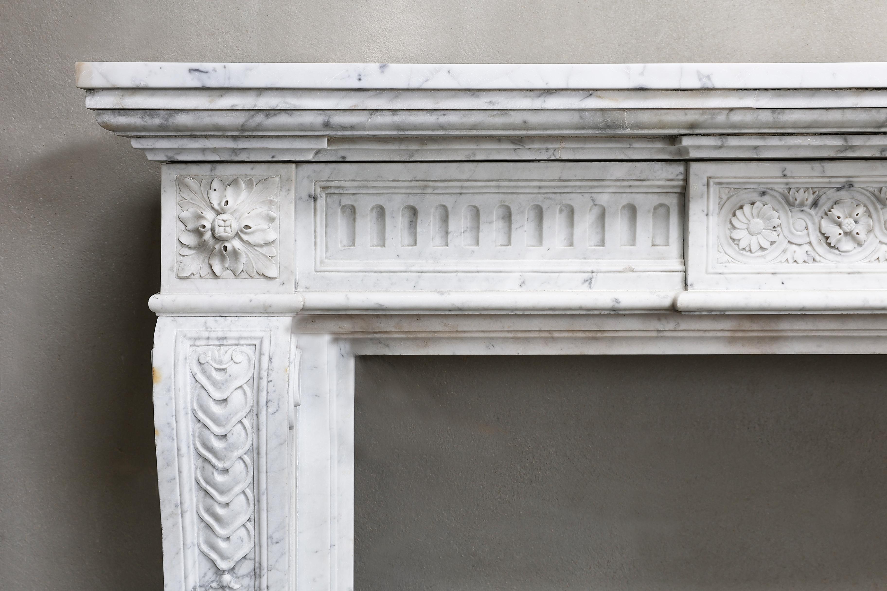 Louis XVI Style Fireplace of Carrara Marble from the 19th Century 1