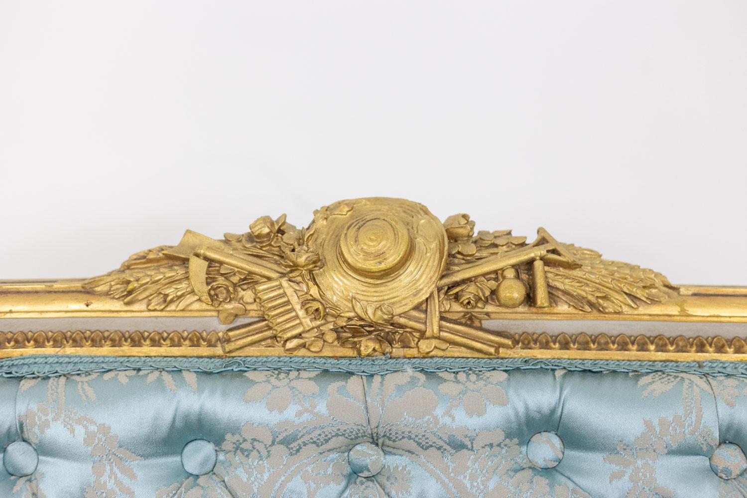Fabric Louis XVI style fireside chair in gilded and lacquered wood. Circa 1880. For Sale