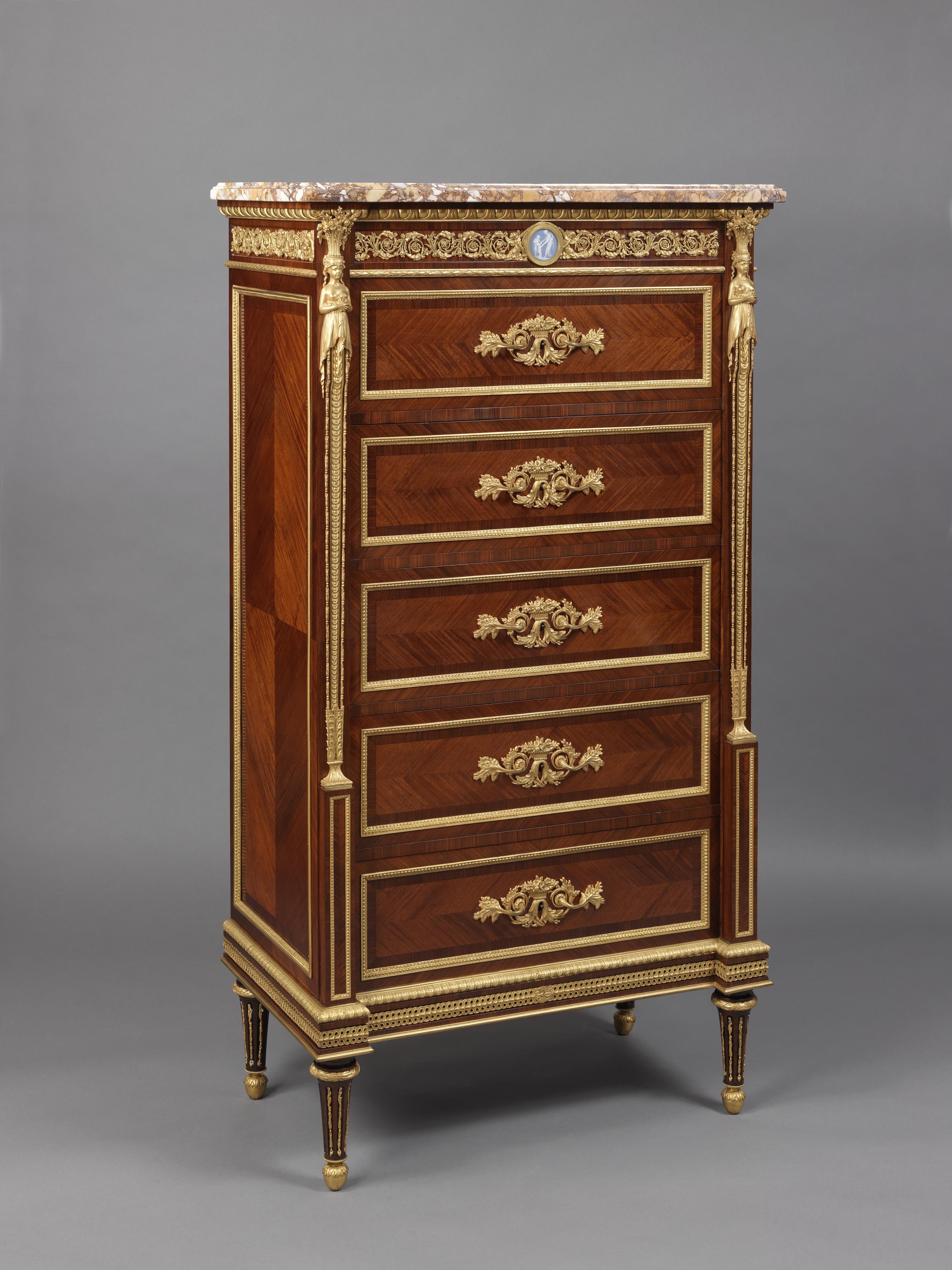 A fine Louis XVI style gilt bronze-mounted five drawer, marble top chiffonier by Joseph-Emmanuel Zwiener.

French, circa 1880.

Stamped to the carcass and to the top of one drawer ‘E.ZWIENER’. 

The bronze handles stamped with the letter ‘Z’,