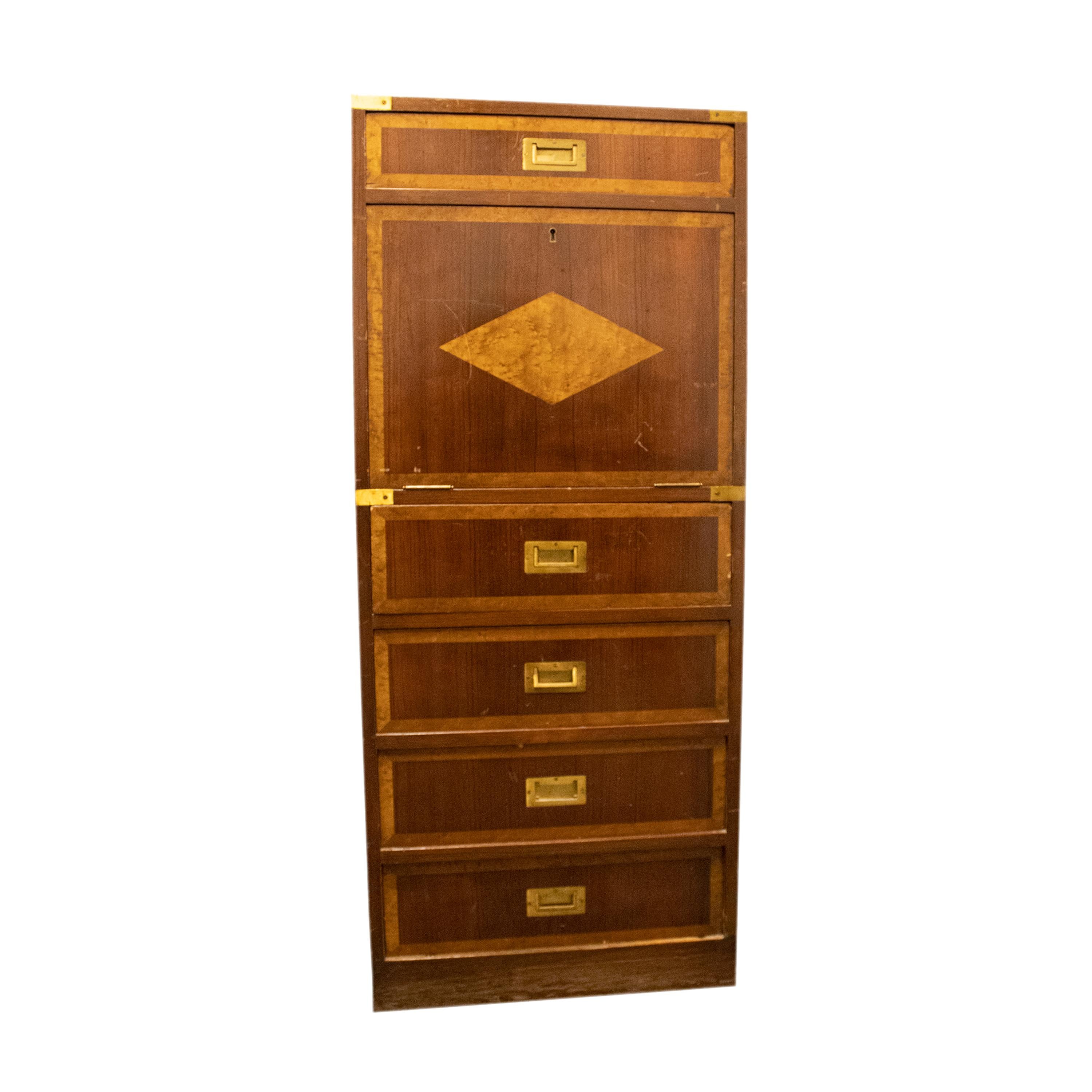 Abattant secretaire with 5 drawers and a folding door made of mahogany rosewood and fruitwood marquetry with bronze handles. Louis XVI style, Napoleon III era, France, 19th century.