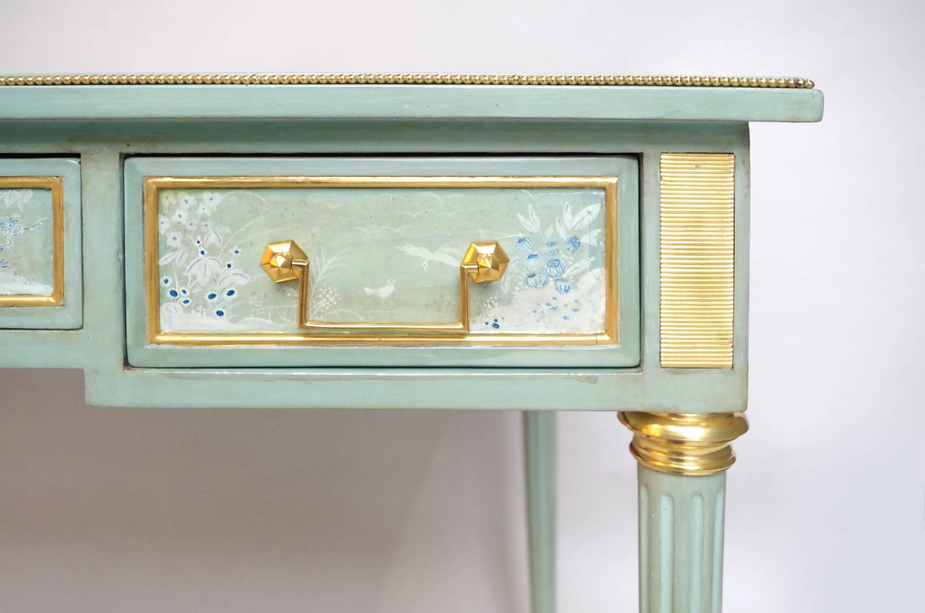 Louis XVI Style Flat Desk Lacquered in Celadon, Decor of Landscapes, circa 1950 In Good Condition In Saint-Ouen, FR