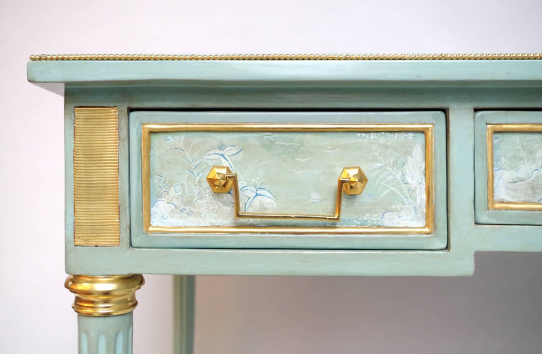 20th Century Louis XVI Style Flat Desk Lacquered in Celadon, Decor of Landscapes, circa 1950