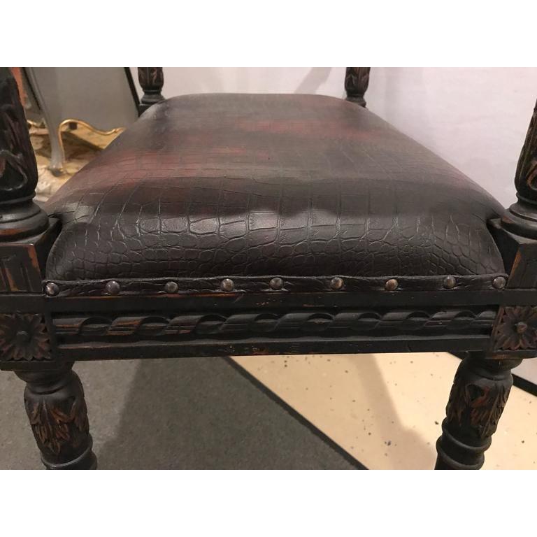 20th Century Louis XVI Style Footstool or Window Bench Carved Frame Faux Alligator Upholstery