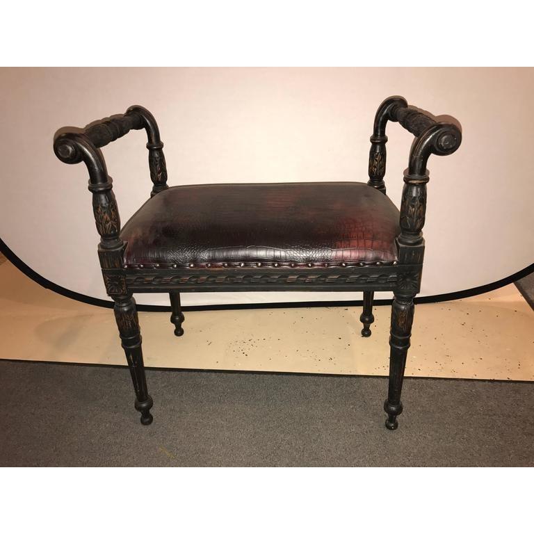 Wood Louis XVI Style Footstool or Window Bench Carved Frame Faux Alligator Upholstery