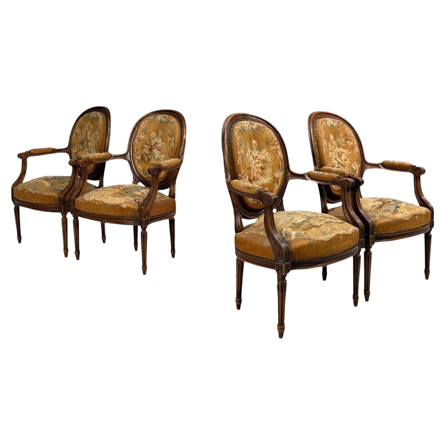 Louis XVI Style, Four Armchairs, Tapestry, Walnut, France, 20th c. For Sale