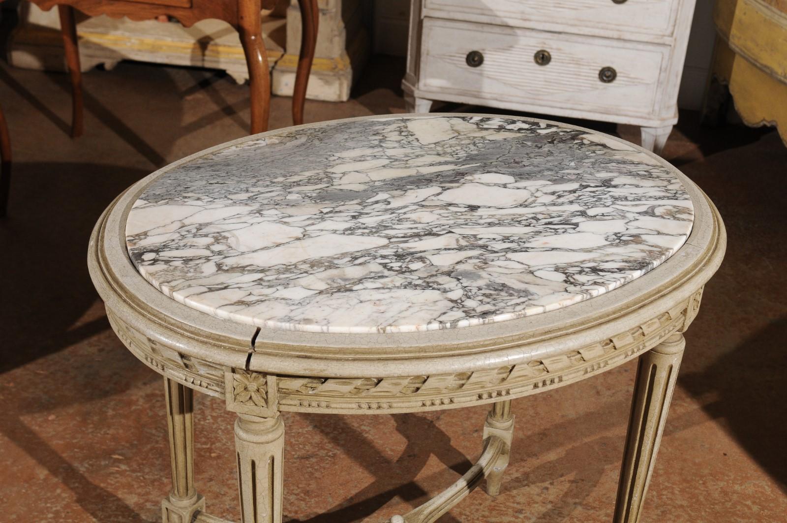 Louis XVI Style French Accent Table with White Veined Oval Marble Top, 1890s In Good Condition In Atlanta, GA