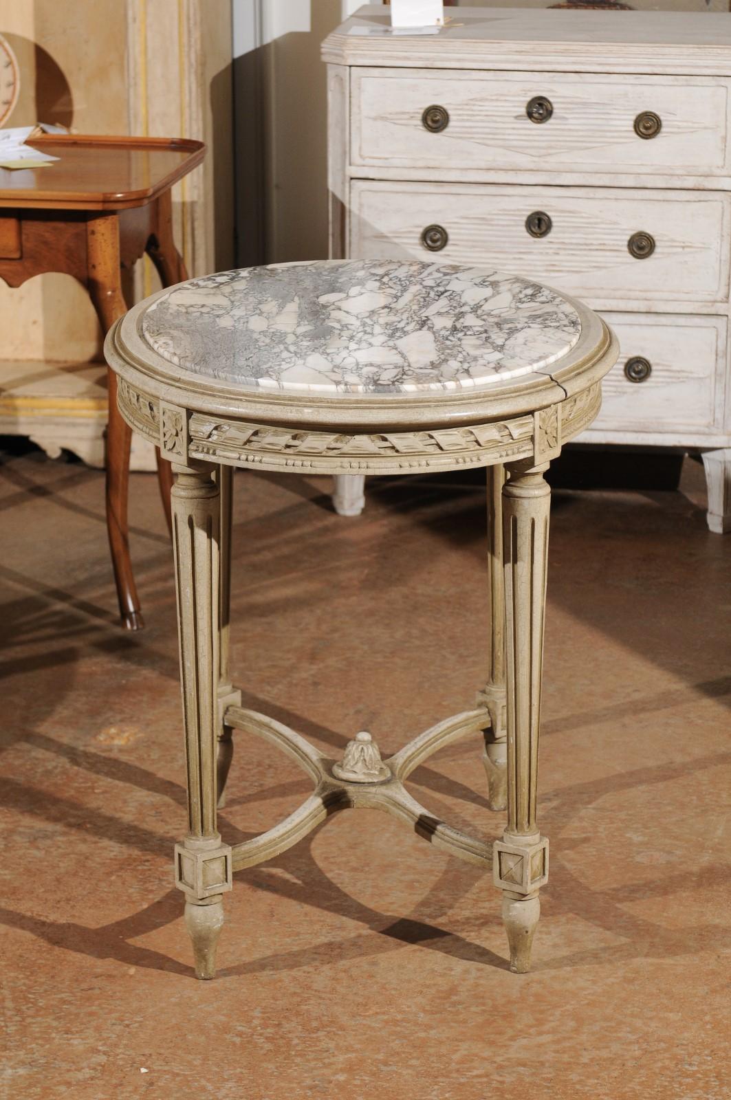 19th Century Louis XVI Style French Accent Table with White Veined Oval Marble Top, 1890s