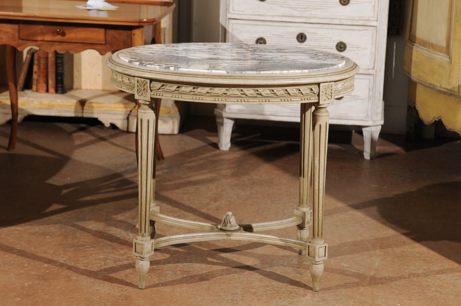 Louis XVI Style French Accent Table with White Veined Oval Marble Top, 1890s 1