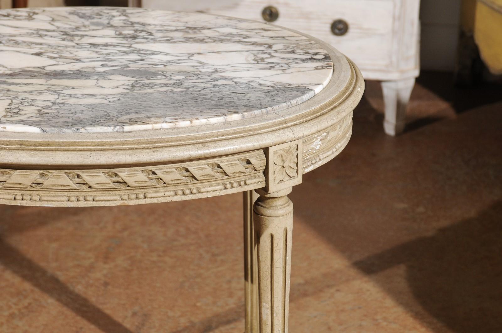 Louis XVI Style French Accent Table with White Veined Oval Marble Top, 1890s 2