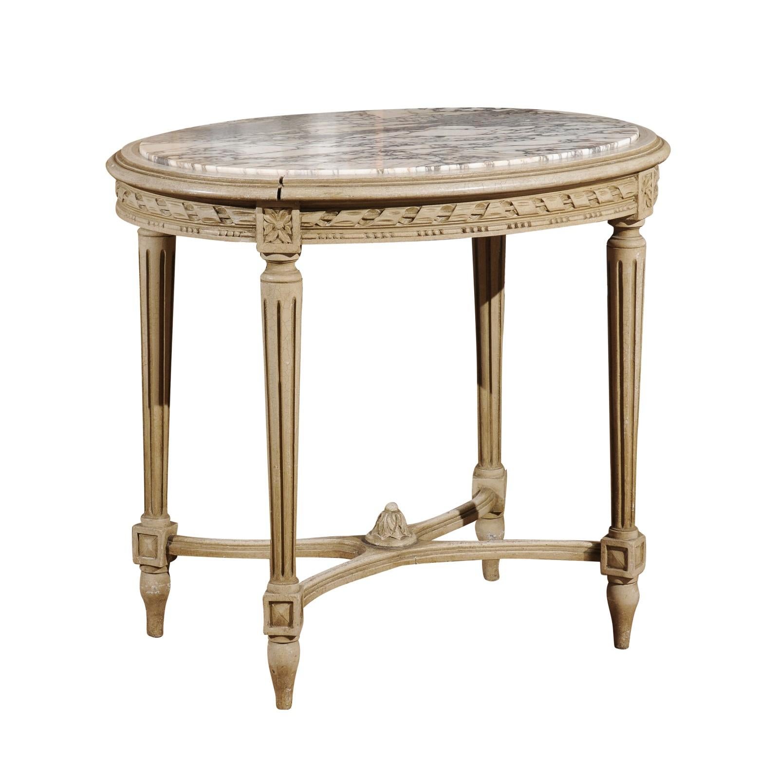 Louis XVI Style French Accent Table with White Veined Oval Marble Top, 1890s