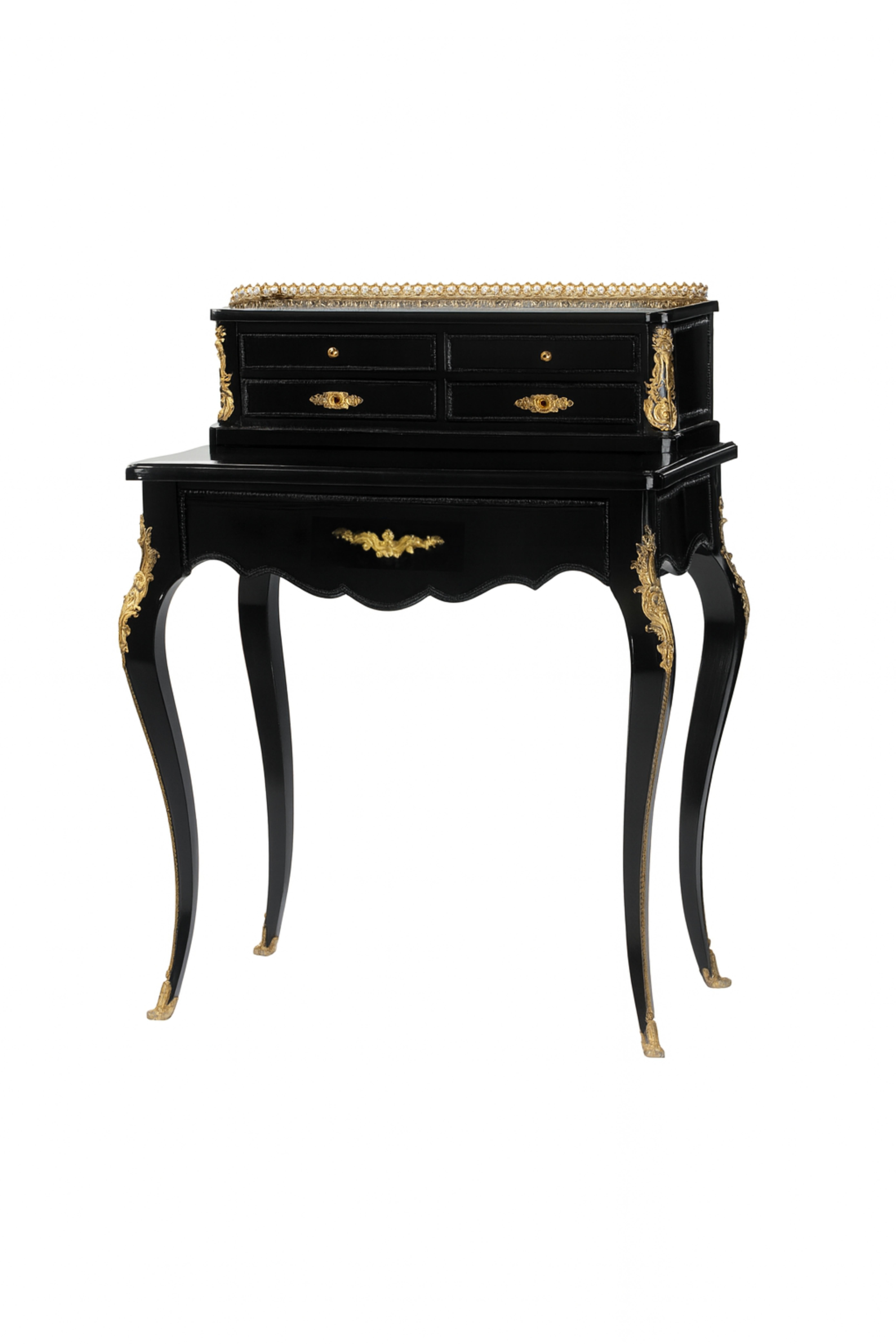 Francese Bonheur du Jour francese in lacca nera in stile Luigi XVI, fine XIX secolo in vendita
