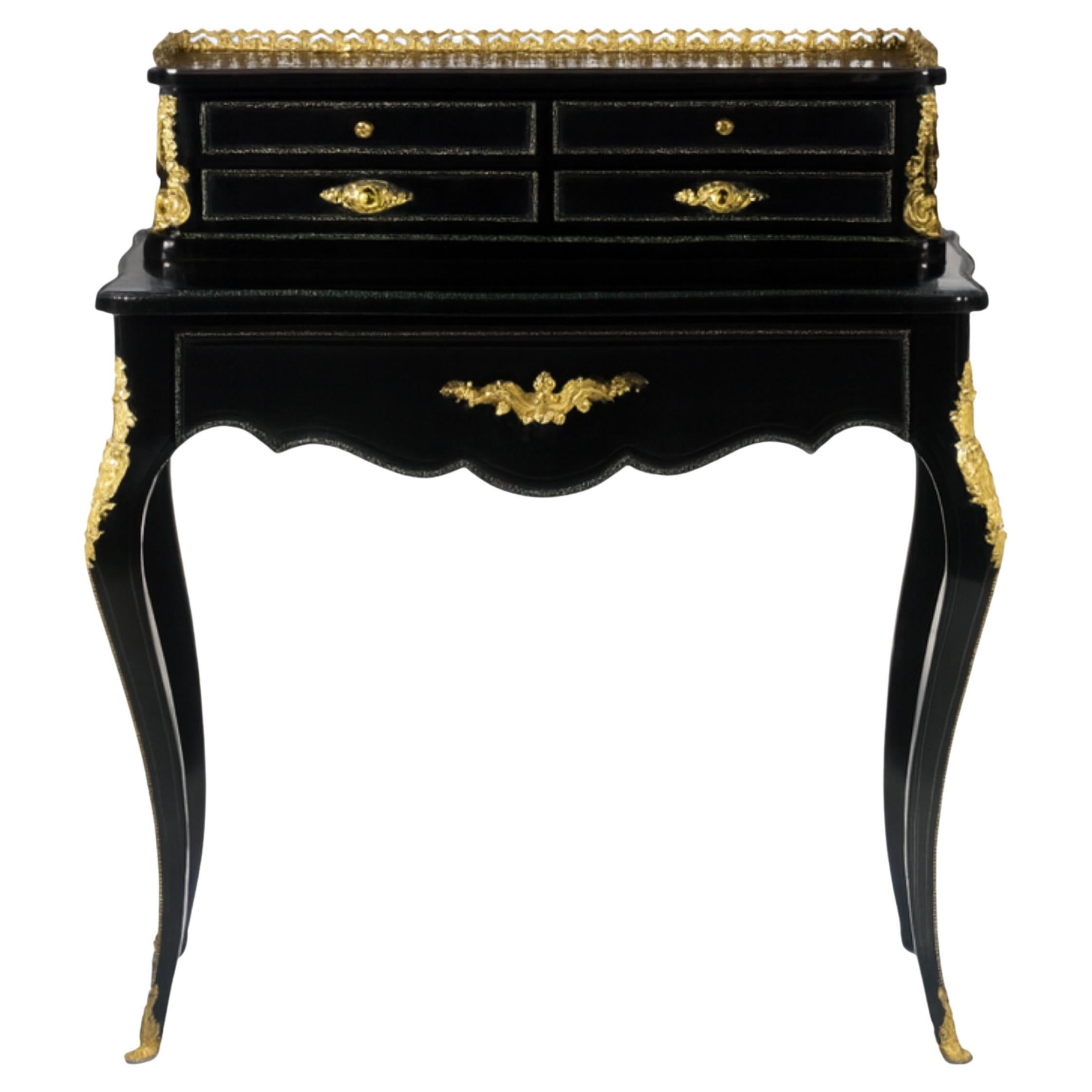 Bonheur du Jour francese in lacca nera in stile Luigi XVI, fine XIX secolo
