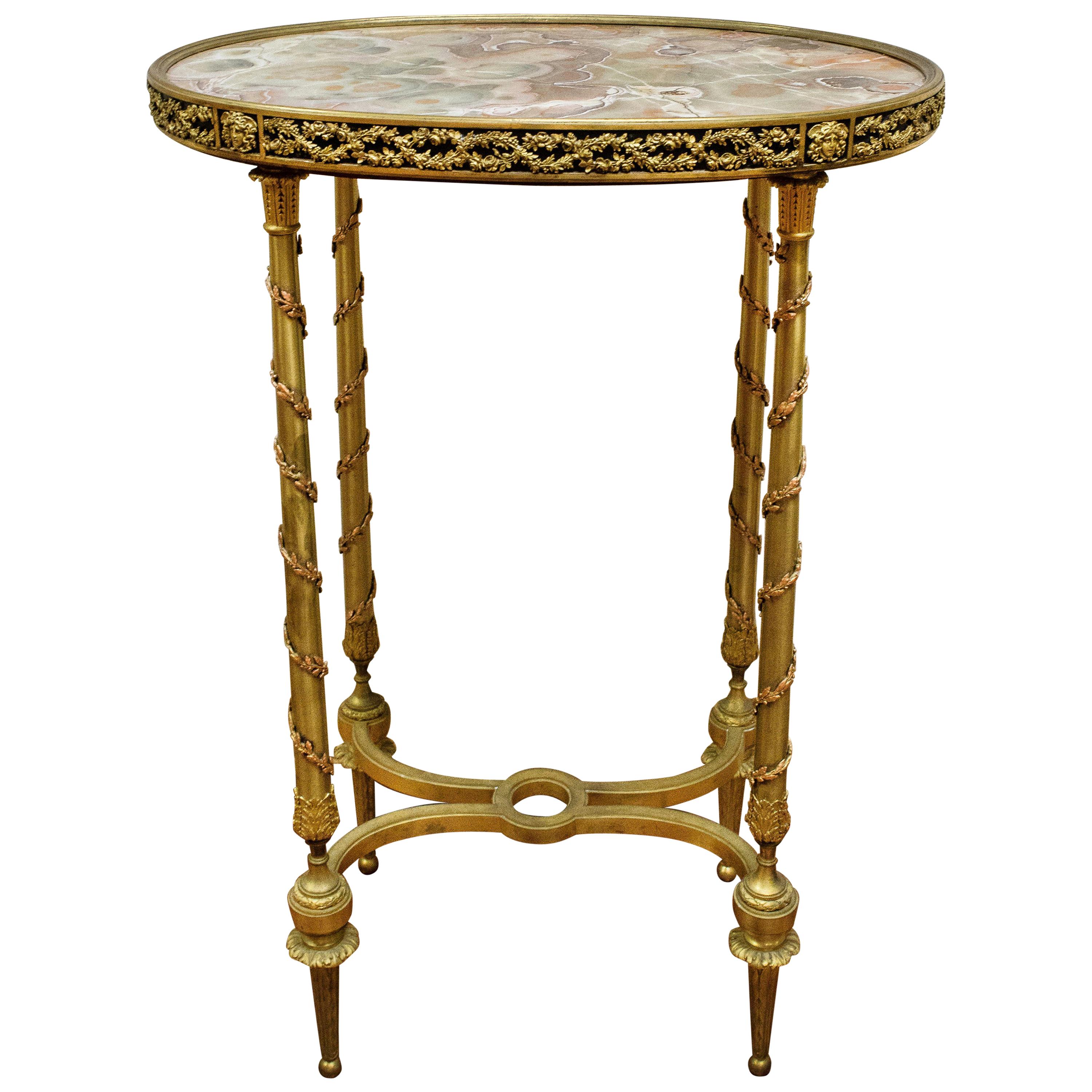 Louis XVI Style French Bronze Marble Top Oval Side Table