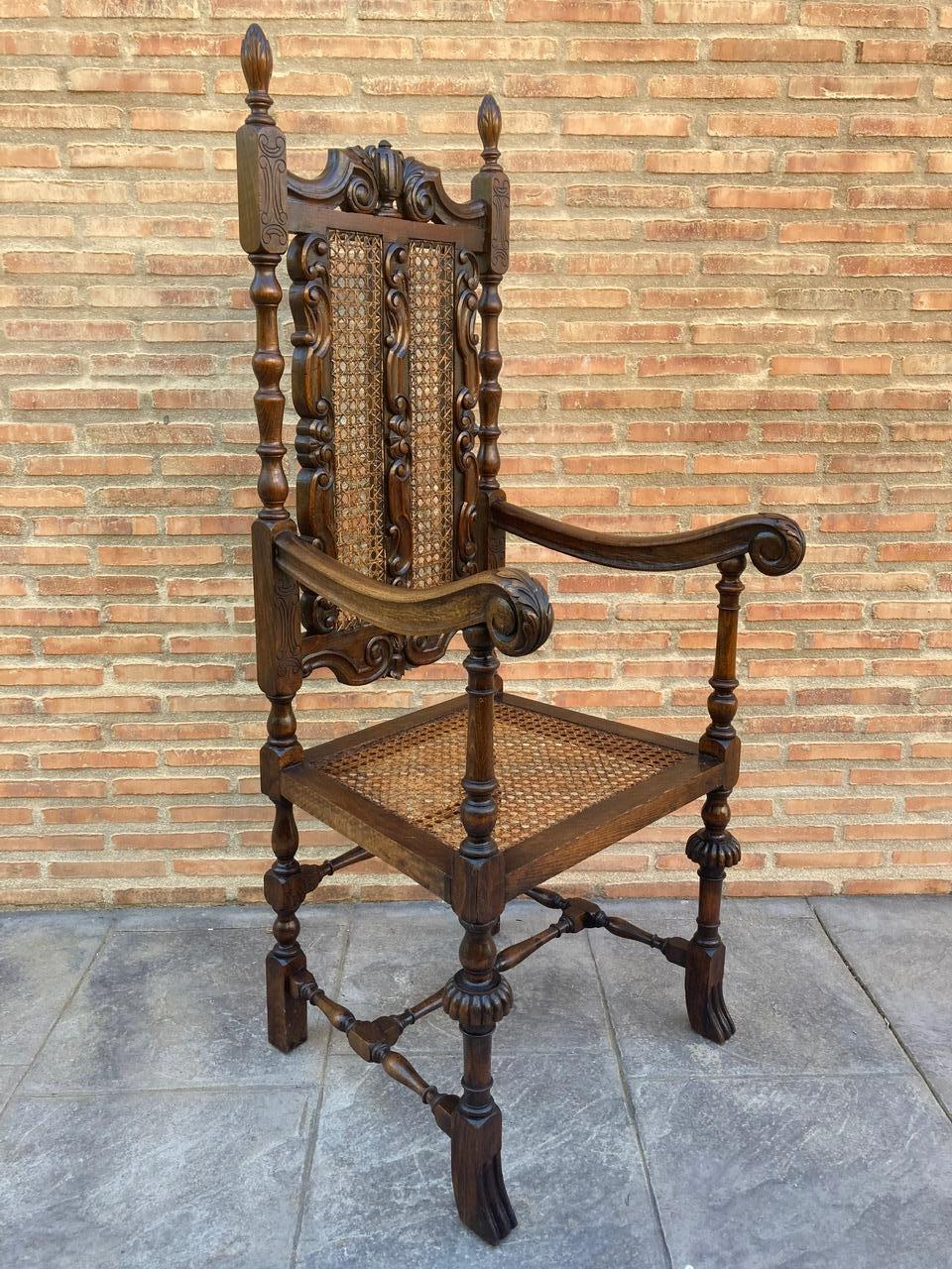 Cane Louis XVI Style French Carved Walnut Armchair with Reed Seat For Sale