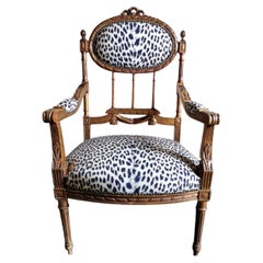Louis XVI Style French Chair in Golden Wood with Armrests and Leopard Fabric