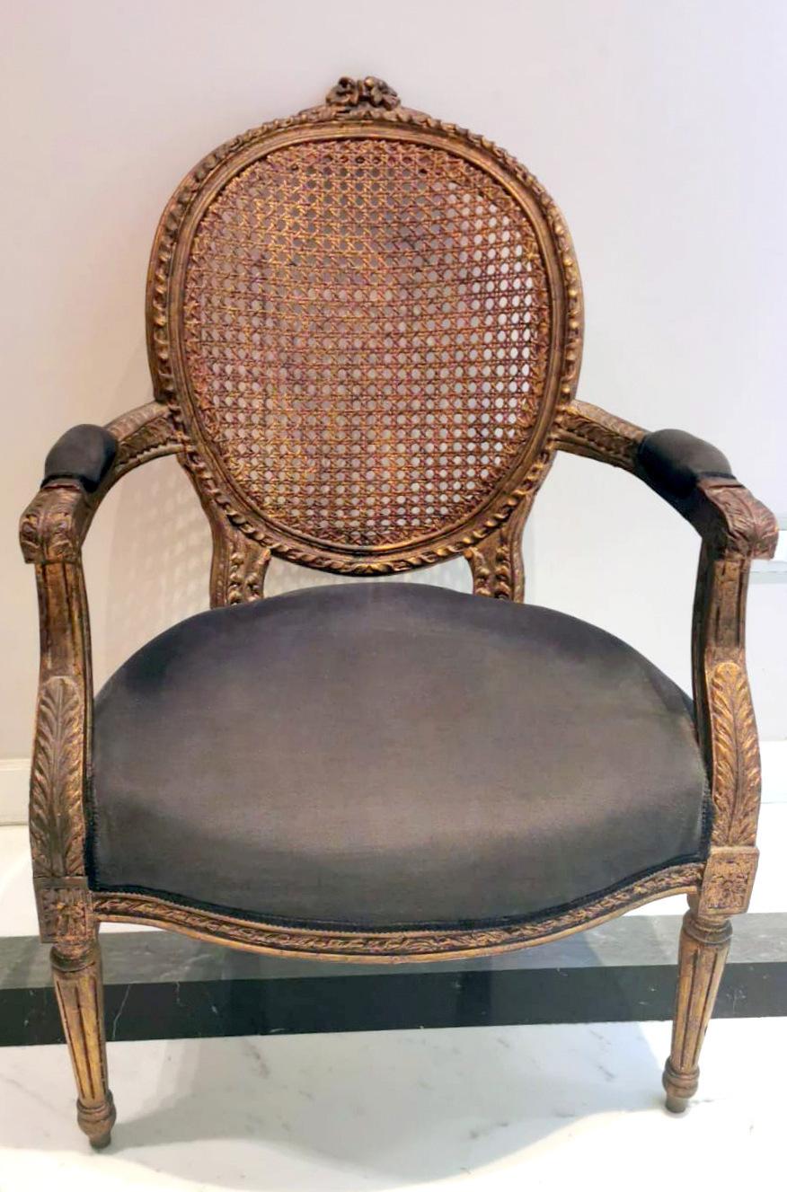 Gilt Louis XVI Style French Chair With Arms And Back In Vienna Straw
