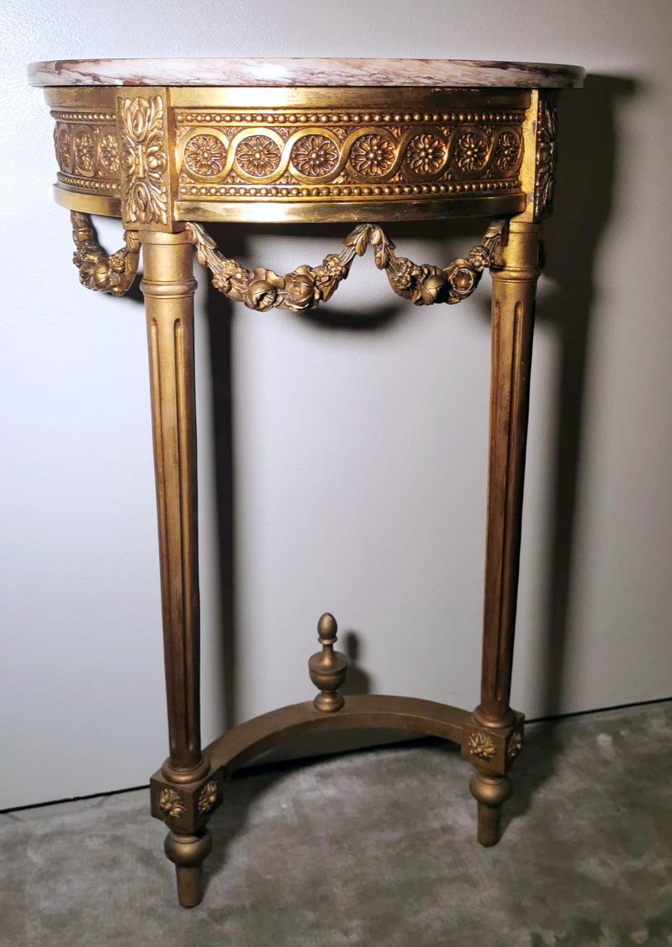 Gilt Louis XVI Style French Console Table Gilded Wood And Marble Breccia Pontificia