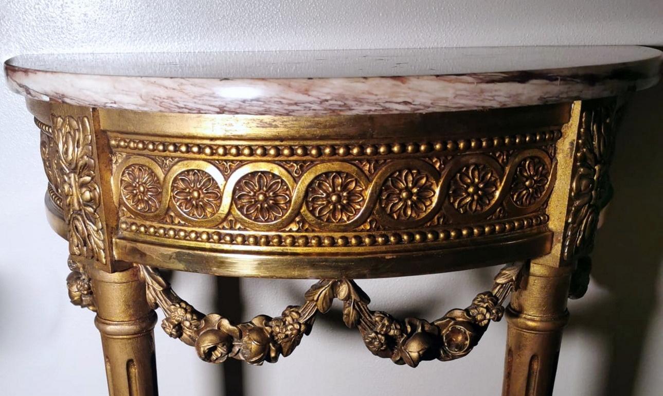 20th Century Louis XVI Style French Console Table Gilded Wood And Marble Breccia Pontificia