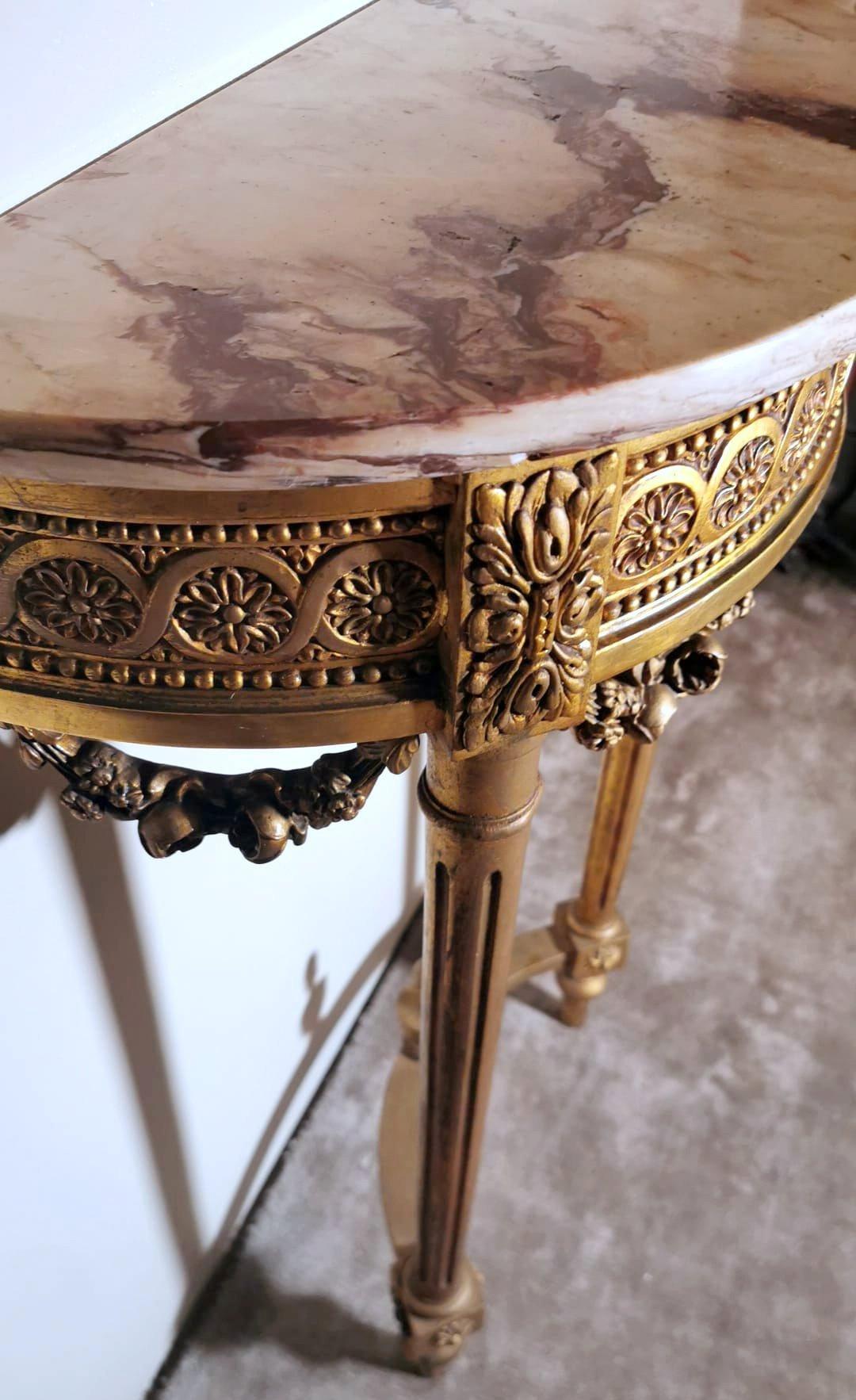 Louis XVI Style French Console Table Gilded Wood And Marble Breccia Pontificia 1