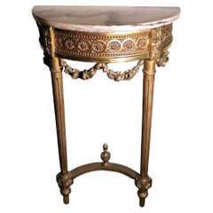 Antique Louis XVI Style French Console Table Gilded Wood And Marble Breccia Pontificia