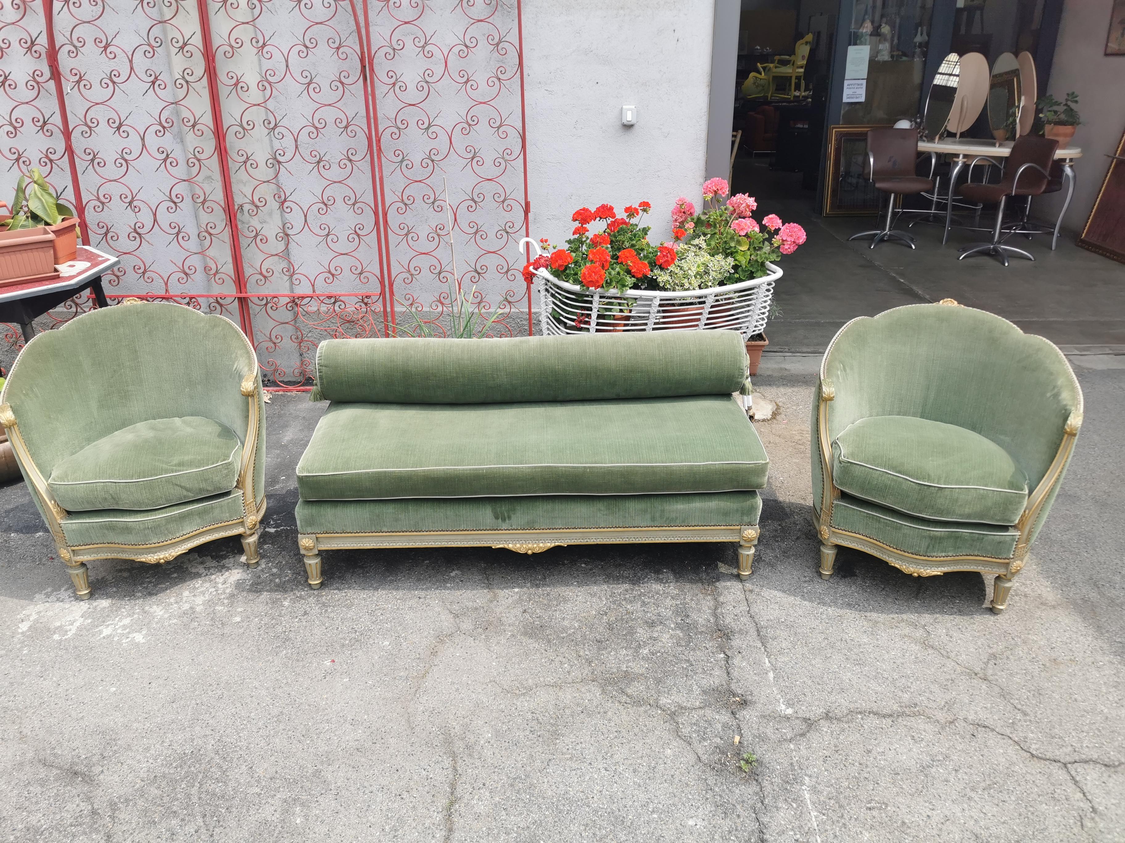 Louis XVI Style French daybed set circa 1950-1960 in excellent condition very quality and also very comfortable sitting space measures daybed 70x145x45H cm
pair of armchairs 65x70x80H cm 

will be shipped inside a wood secured box.