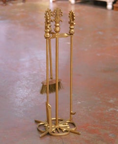Louis XVI Style French Gilt Metal Fireplace Tool Set with Fleur-de-Lis Motifs