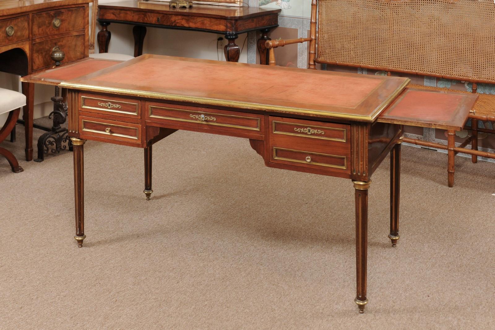 Louis XVI Style French Mahogany Brass Inlaid Bureau Plat, Late 19th Century 6