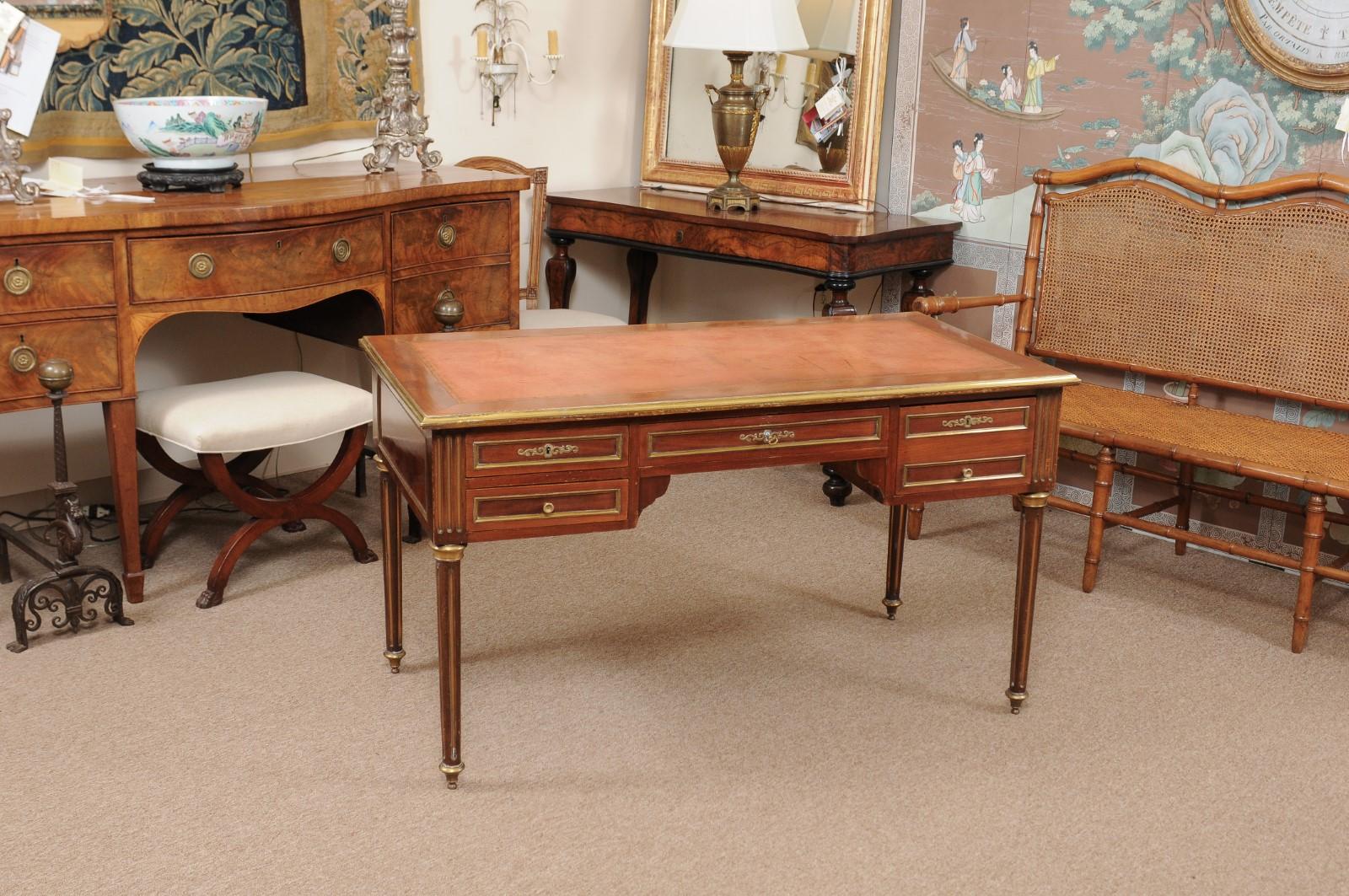 Embossed Louis XVI Style French Mahogany Brass Inlaid Bureau Plat, Late 19th Century