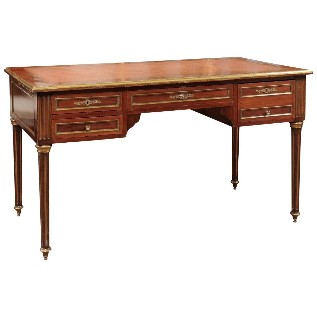 Louis XVI Style French Mahogany Brass Inlaid Bureau Plat, Late 19th Century