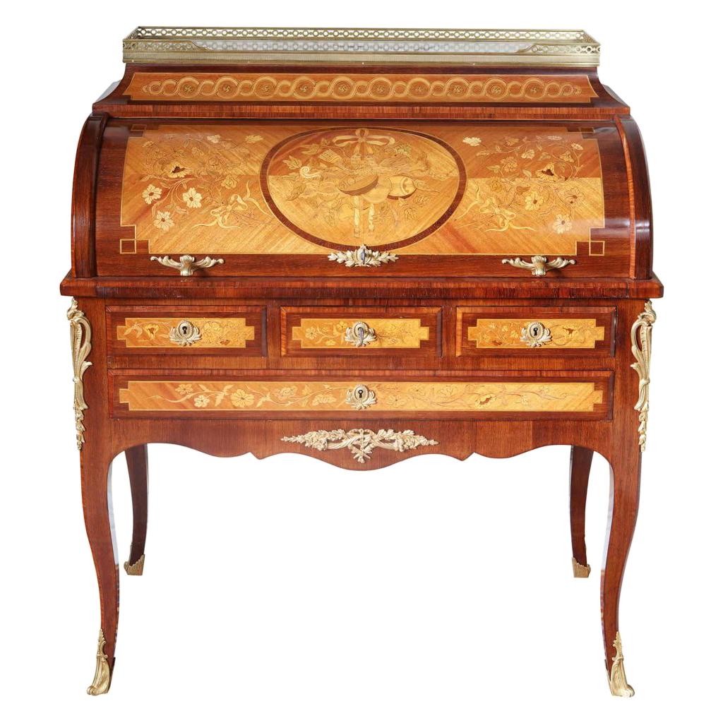Louis XVI Style French Marquetry Roll Top Bureau De Damme For Sale