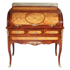 Used Louis XVI Style French Marquetry Roll Top Bureau De Damme