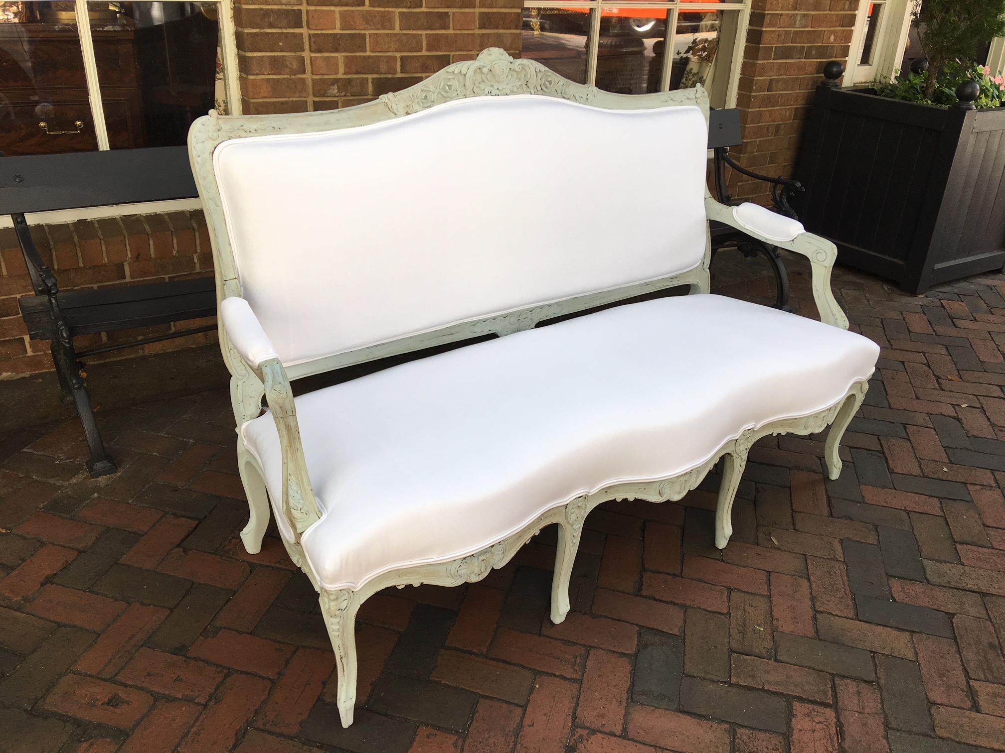 Louis XVI Style French Painted Wood Upholstered Settee or Sofa, 19th Century In Good Condition In Savannah, GA