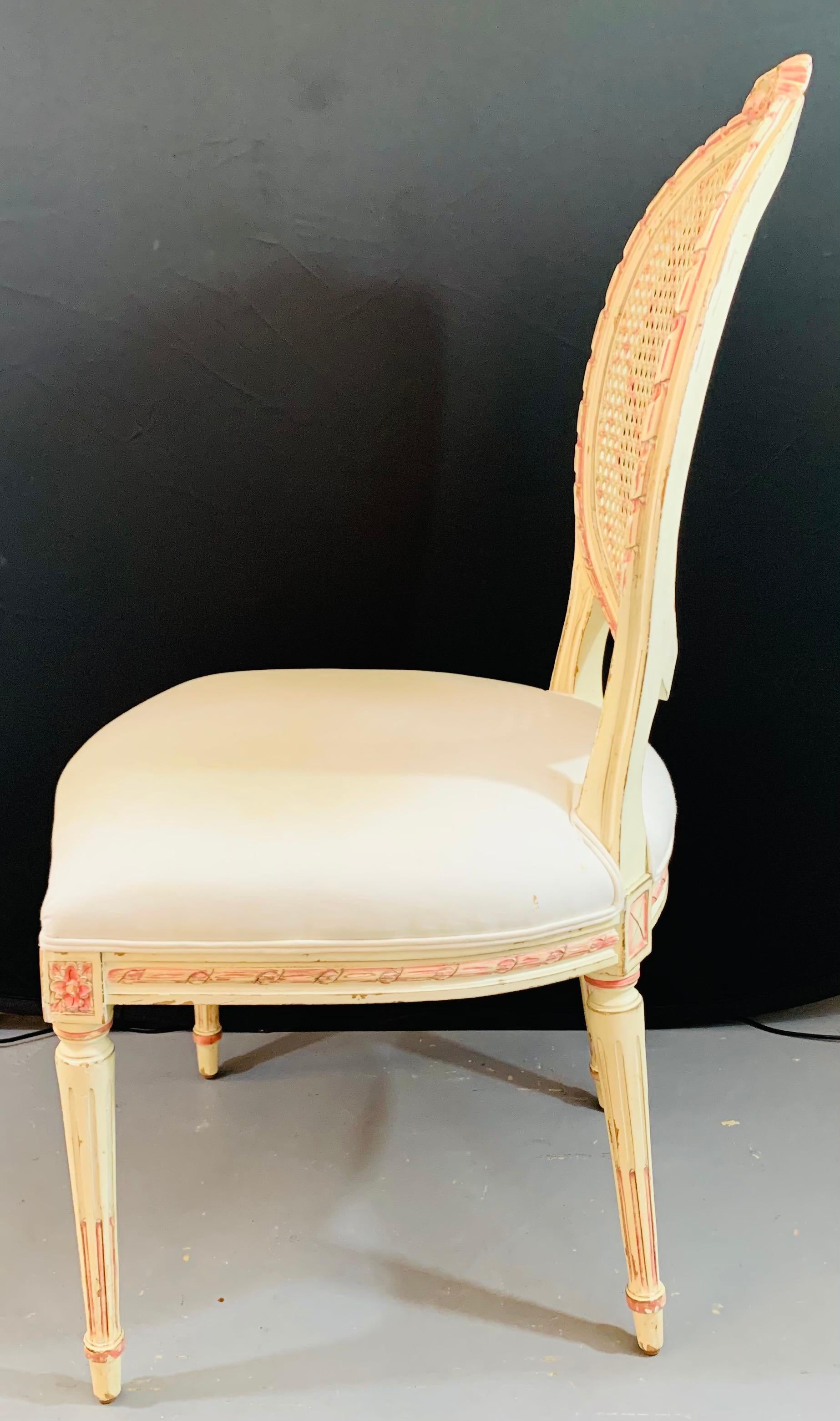 Louis XVI Style French Provincial White and Pink Cane Back Chair 12