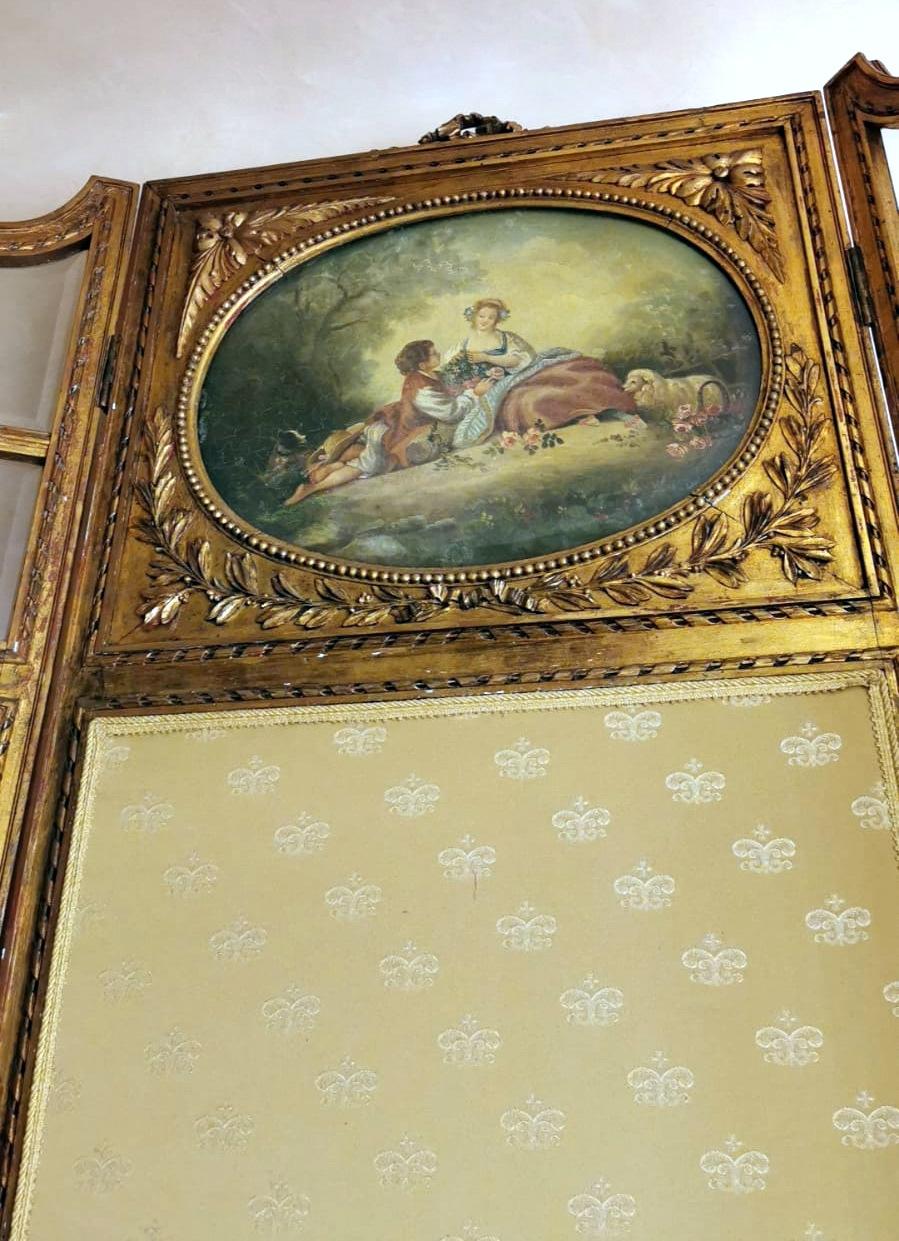 Französischer Raumteiler aus vergoldetem Holz im Louis-XVI.-Stil mit Ölgemälde und Glasmalerei im Angebot 3