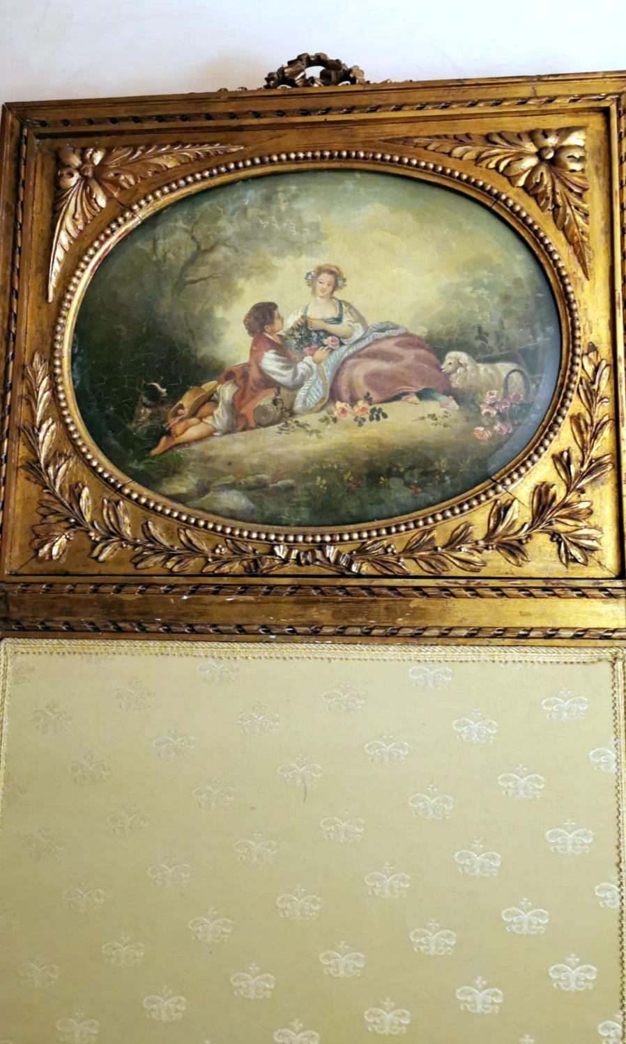 Louis XVI Style French Screen Gilded Wood with Oil Painting and Ground Glass For Sale 5