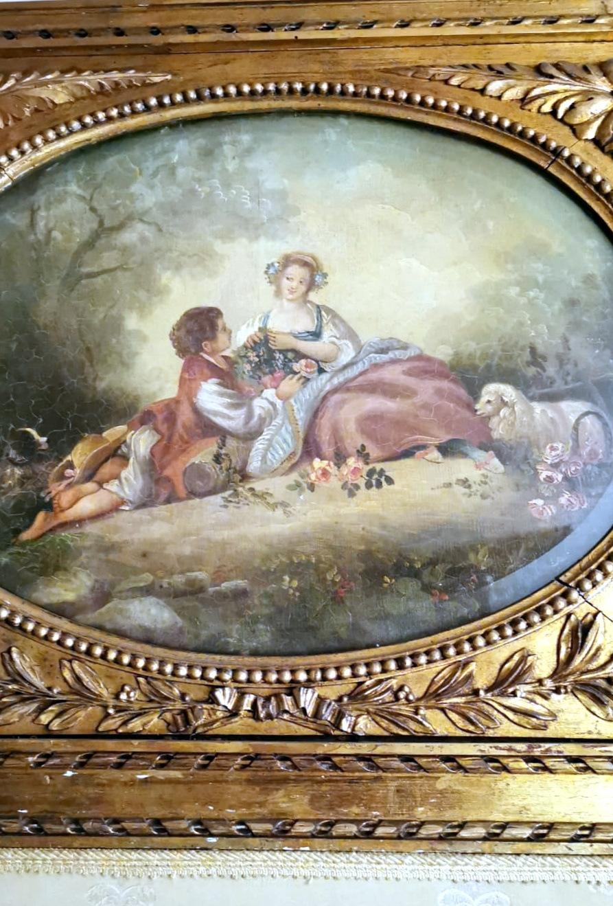 Louis XVI Style French Screen Gilded Wood with Oil Painting and Ground Glass For Sale 6