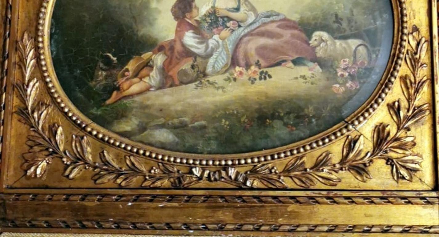 Französischer Raumteiler aus vergoldetem Holz im Louis-XVI.-Stil mit Ölgemälde und Glasmalerei im Angebot 13