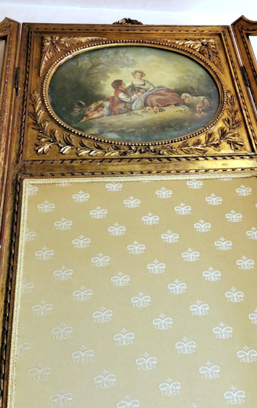 Französischer Raumteiler aus vergoldetem Holz im Louis-XVI.-Stil mit Ölgemälde und Glasmalerei im Angebot 2