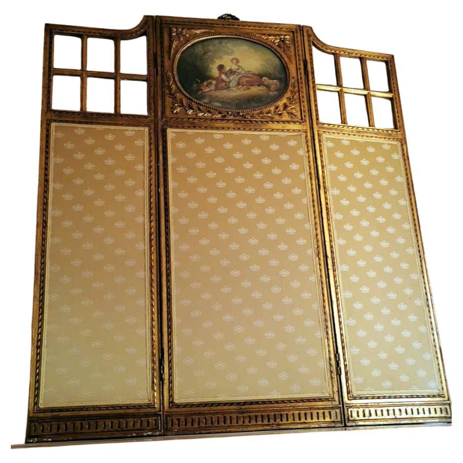 Louis XVI Style French Screen Gilded Wood with Oil Painting and Ground Glass For Sale