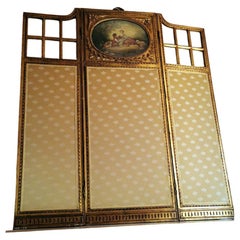 Antique Louis XVI Style French Screen Gilded Wood with Oil Painting and Ground Glass