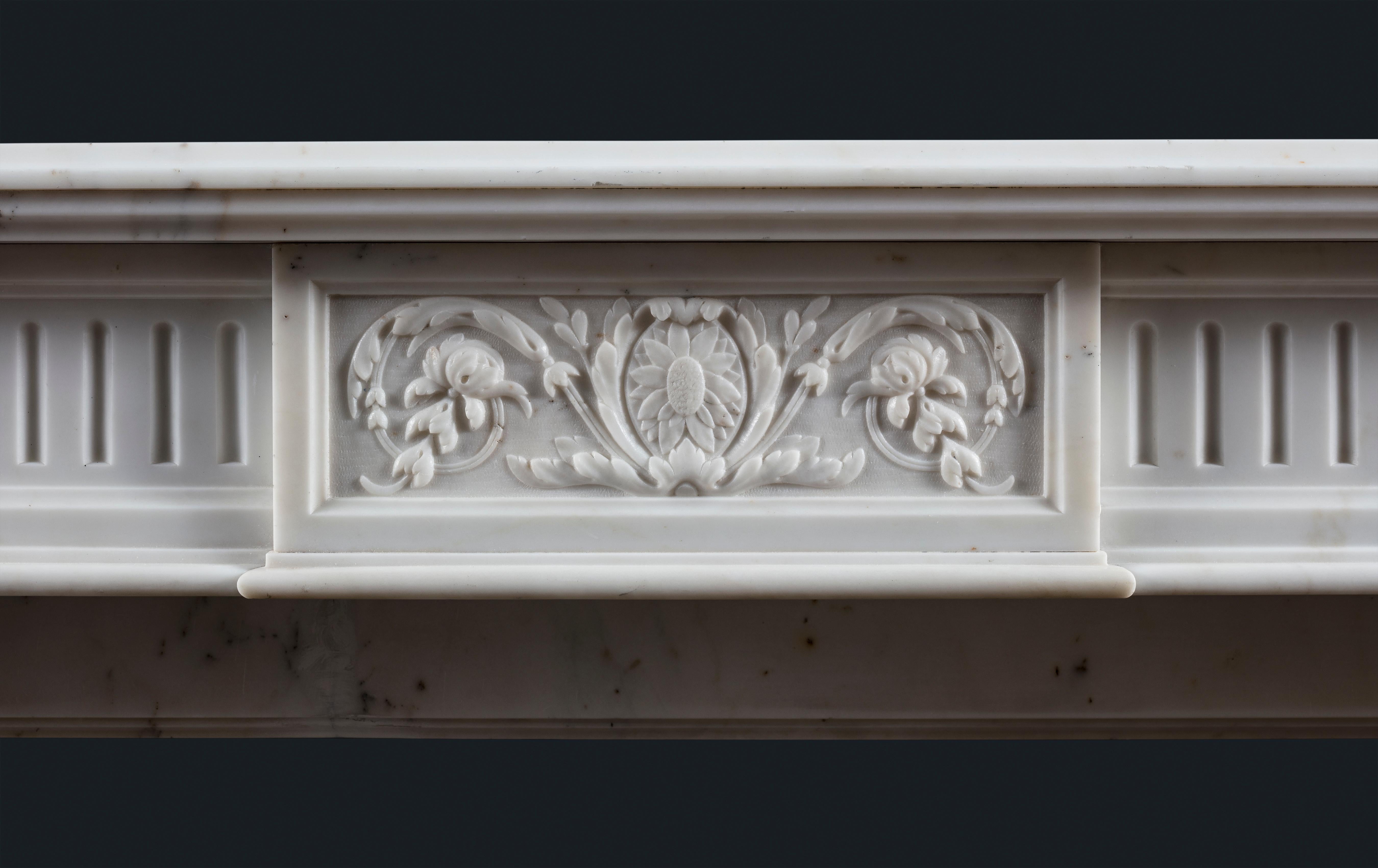 Hand-Carved Louis XVI Style French Statuary Marble Fireplace Surround For Sale