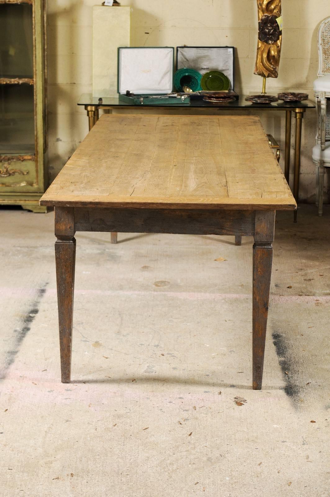 Wood Louis XVI Style French Stripped Oak Dining Table with Tapered Legs, circa 1890